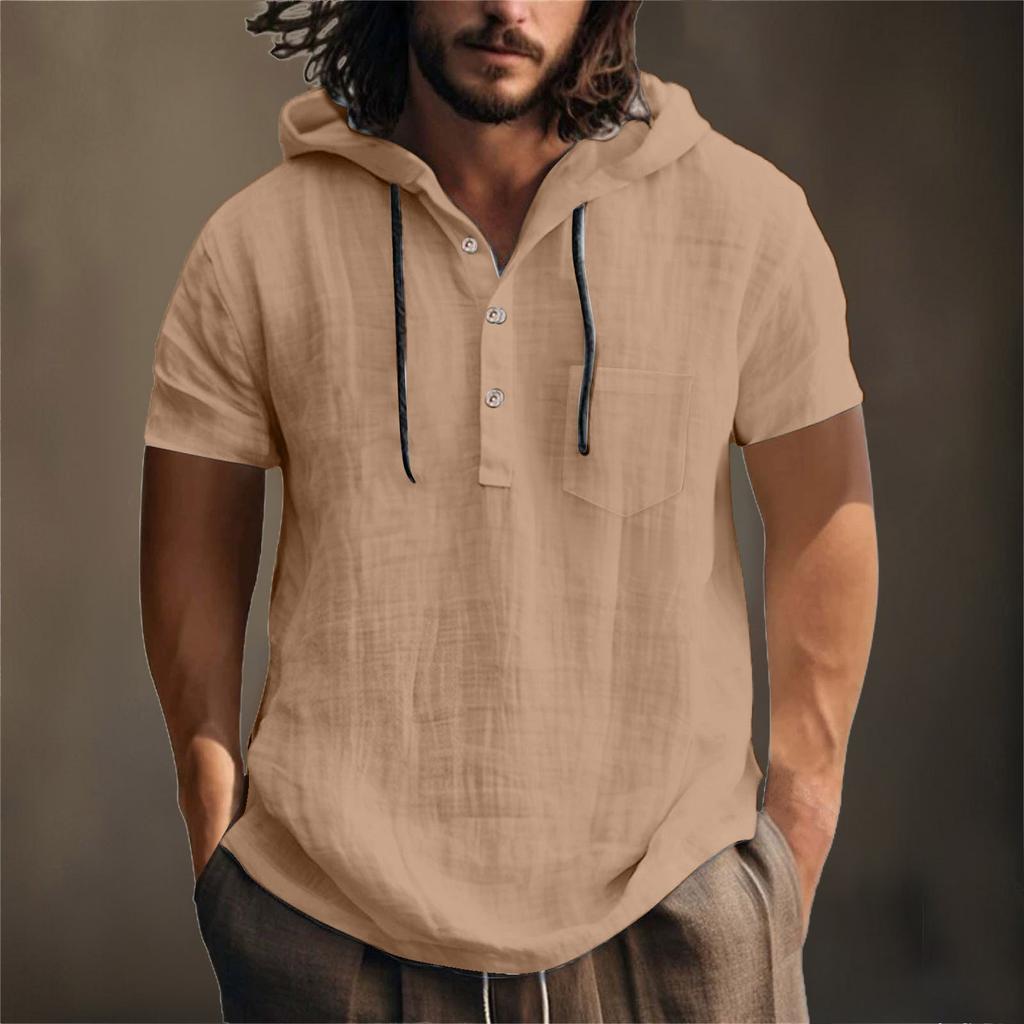 Мужская летняя хлопковая конопляная хлопковая тонкая повседневная однотонная свободная куртка с капюшоном и коротким рукавом