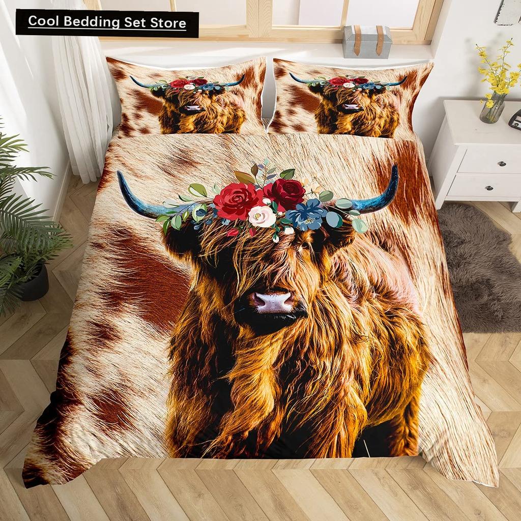 Highland Cow Flower King Queen Duvet Cover Cattle Rose Bedding Set Western Animal Comforter Cover Farmhouse Bull Quilt Cover