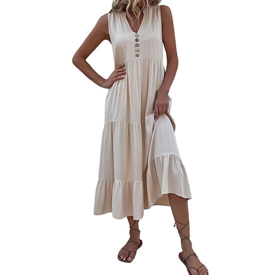Летнее платье миди с V-образным вырезом, плиссированным лоскутным подолом, трапециевидной формы без рукавов, однотонный декор с пуговицами, свободное до середины икры, пляжное женское длинное платье для отпуска
