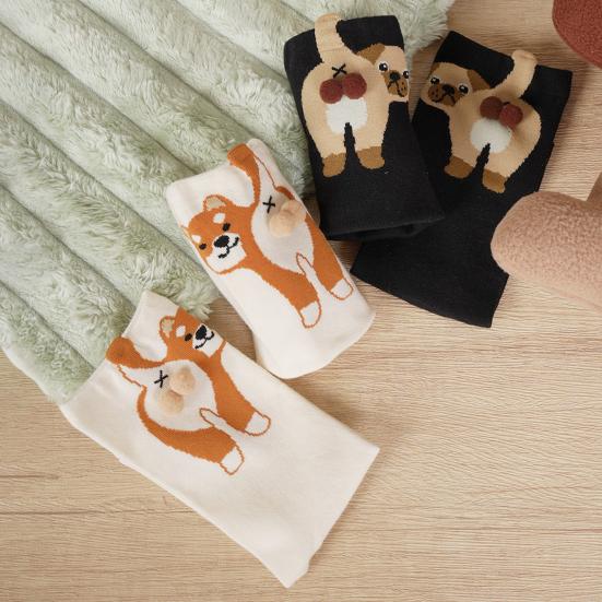 Женские милые носки с собачками с 3D пушистыми помпонами, смешные новинки с принтом животных, хлопковые носки средней длины для женщин, девушек, любителей собак