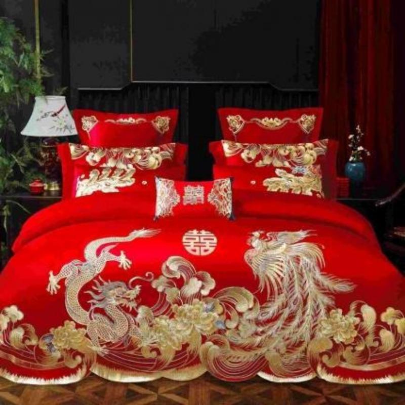 Новый китайский стиль большая красная вышивка свадебный пододеяльник полированное свадебное постельное белье свадебный комплект из четырех предметов многопредметный набор