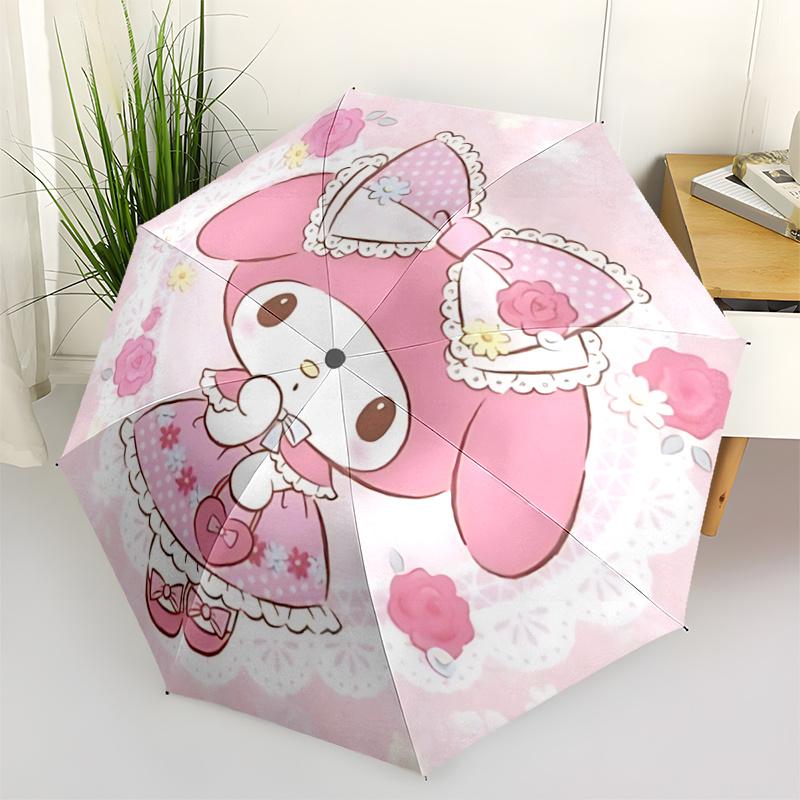 1 шт. Розовый зонт My Melody с бантом для улицы - Автоматическое открытие/закрытие с кружевной отделкой, цветочный узор, идеально подходит для поклонников, путешественников, для ежедневного использования, праздничный подарок.A0
