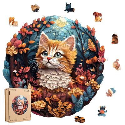 Qiuenisray 200-детальная деревянная головоломка, Лесной котенок (28.4 x 28.4см), Толщина 3 мм, Неправильной формы, Ударопрочный, Лазерная резка, Для взрослых, Дом