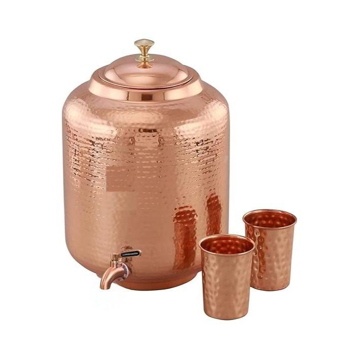8 Litre Hammered Copper Water Dispenser (Matka) Container Pot with 2 Pure Copper Glasses Pure Copper and Ayurvedic Health Benefits