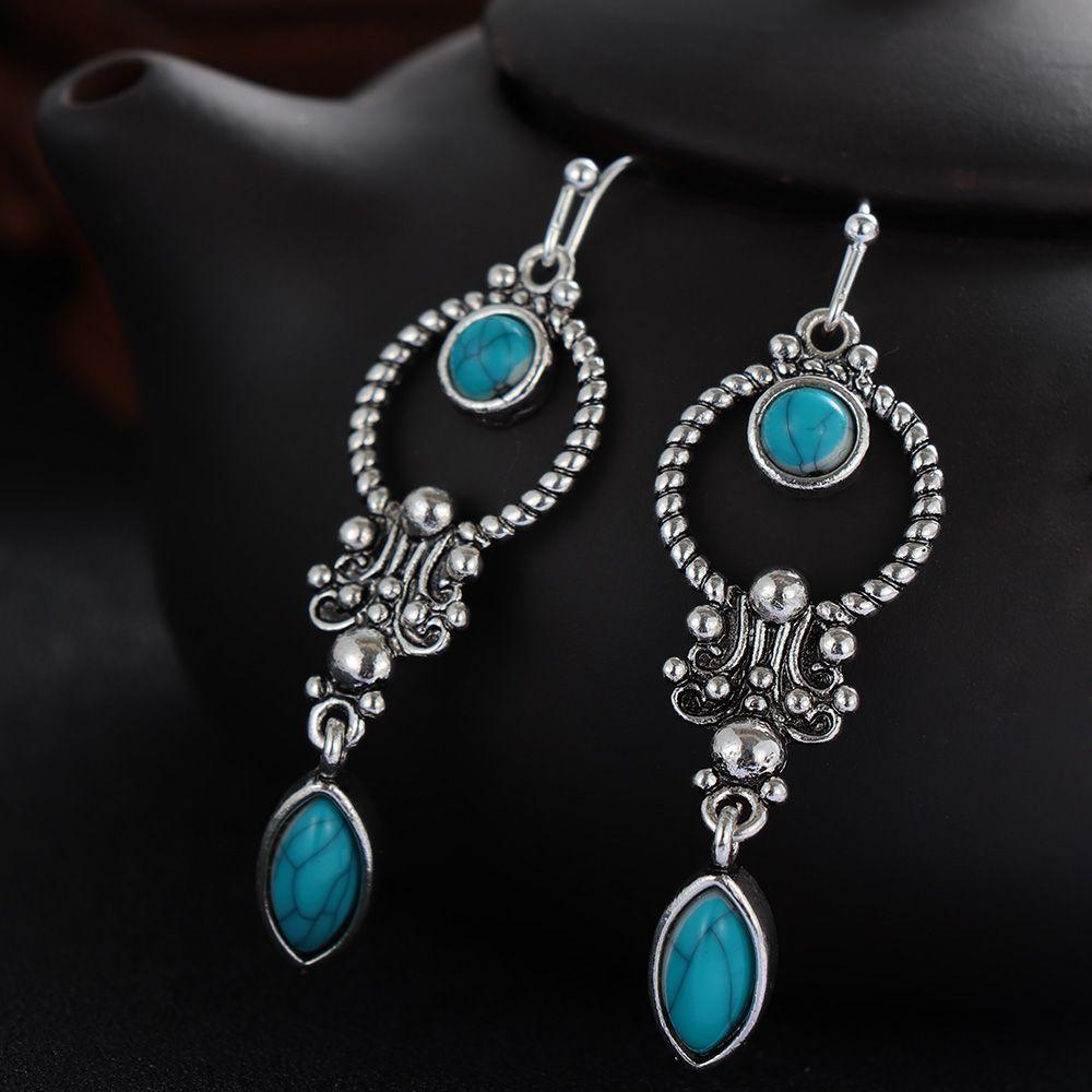 Свадебные Серьги-подвески с крючком Подарок Натуральный камень Кулон Бирюза Драгоценный камень Ретро Тайское серебро