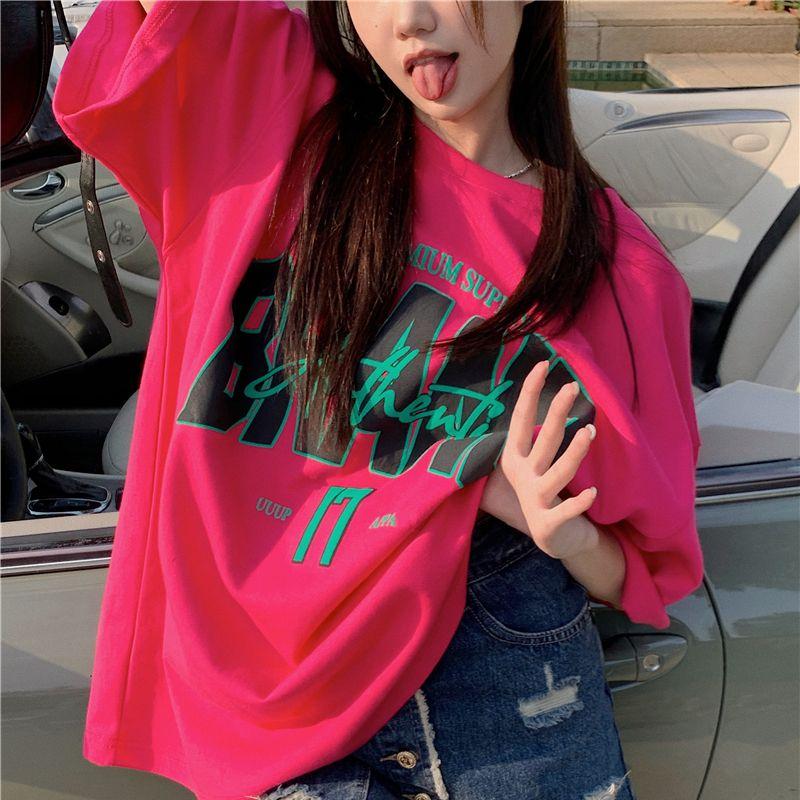 2025 летняя повседневная футболка большого размера из чистого хлопка с коротким рукавом Футболки женские harajuku с принтом букв y2k топы хип-хоп уличная одежда