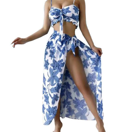 Длинная юбка Купальники Шикарный сладкий женский купальник из трех частей с рюшами