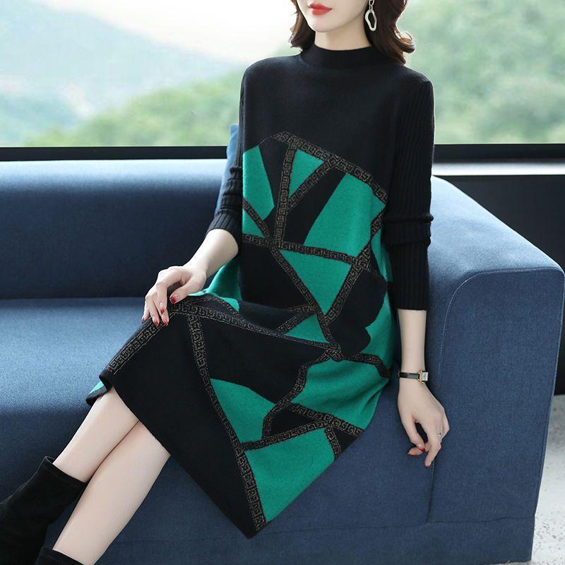 Высококачественное трикотажное платье больших размеров, осенне-зимнее платье-свитер с принтом средней длины, А-силуэт, плотное свободное платье-свитер длиной до колена