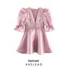 Spring 2025 Women's European & American Style Satin V-Neck Puff Sleeve Dress
