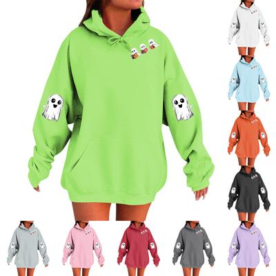 Женский однотонный пуловер с длинным рукавом, капюшоном и повседневным принтом на Хэллоуин