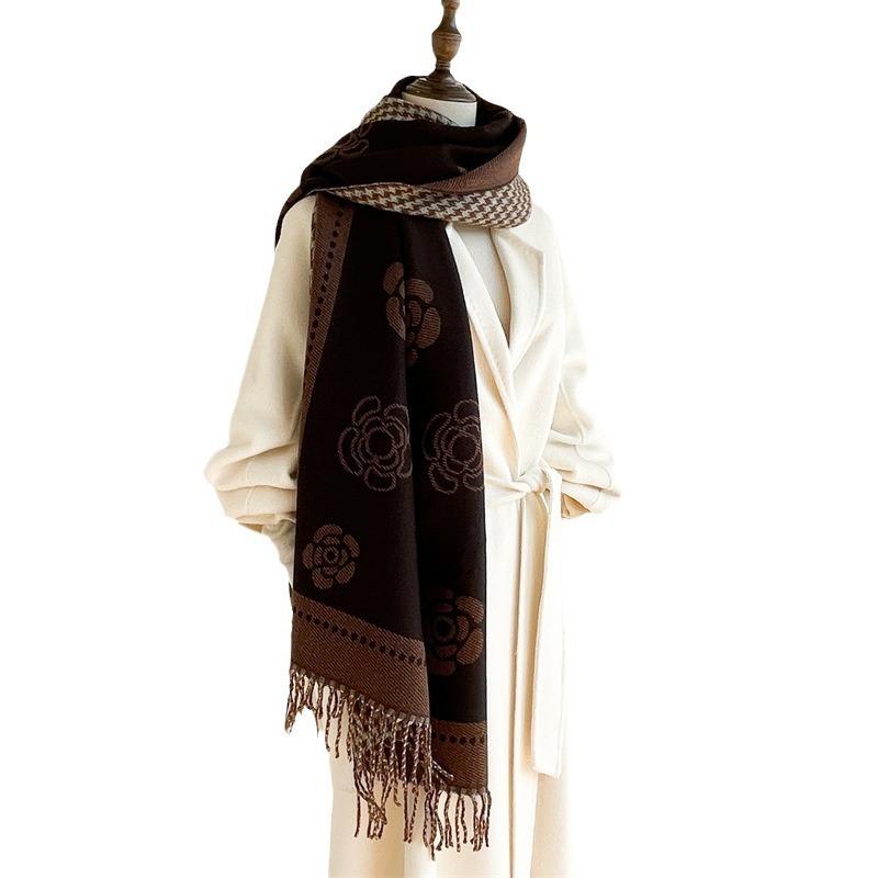Scarf Women's Autumn and Winter New Core-spun Yarn Camellia Thousand Bird Grid Double-sided Warm Shawl Versatile Decorative Cashmere Scarf