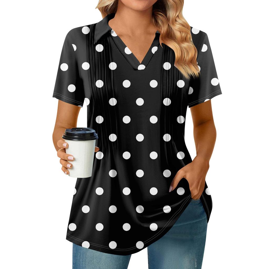 Женские футболки с коротким рукавом, плиссированные, с V-образным вырезом, с принтом, с воротником, летние топы, модные, деловые, повседневные, рабочие