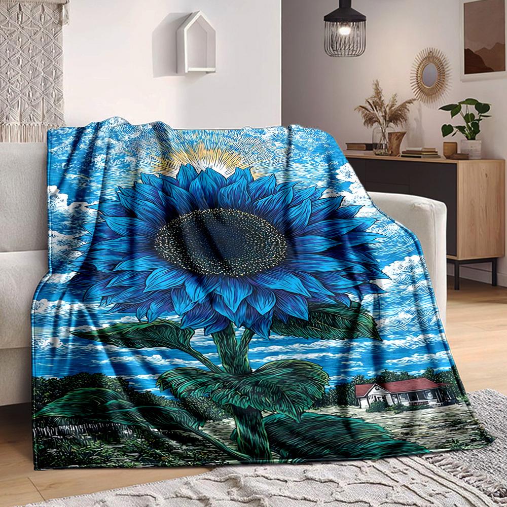 1pc Blue Sunflower Blanket - Lightweight Flannel Fleece with Digital Printing, Soft Warm for Sofa, Travel, Camping, Office yy251018251