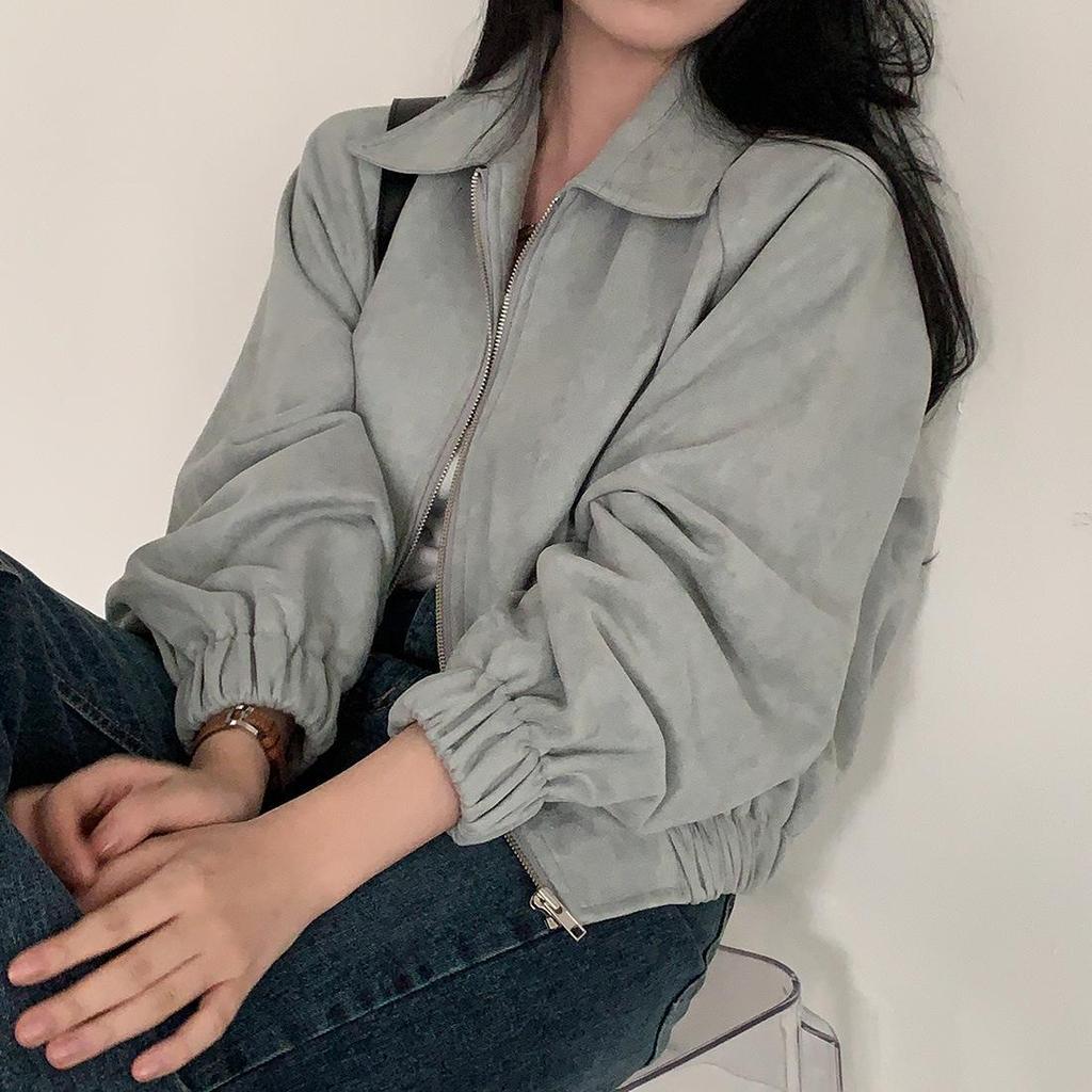 Korean Chic Autumn Retro Faux Suede Stand-Up Collar Zip-Up Jacket for Women