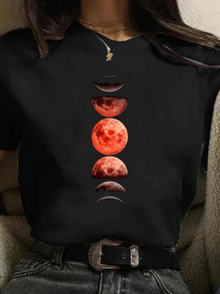 Maycaur Newest Funny Moon Print T Shirt Women White and Black Shirts Fashion Round Neck Short Sleeve T-Shirt Summer Tees Casual Top