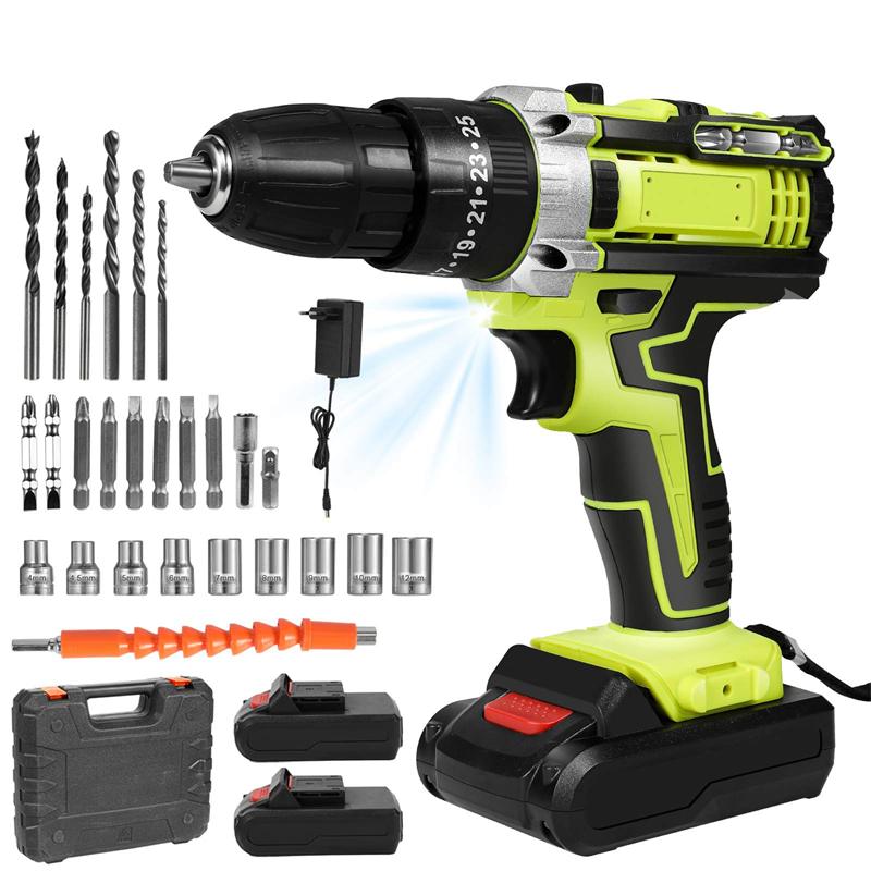 48N.M Electric Impact Drill Set Cordless Screwdriver 1350RPM Rechargeable Battery Drill with Work Light Power Tool With 2PCS Battery