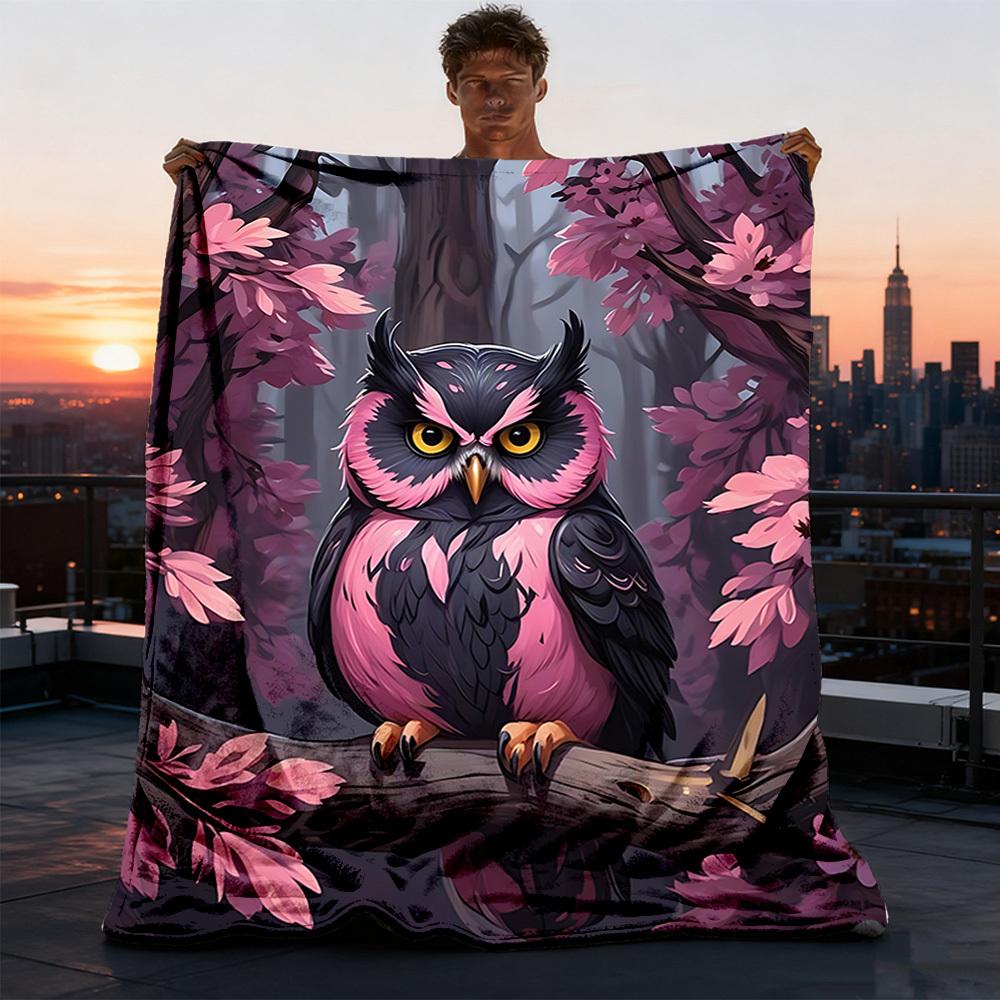1 шт. Сова Ветвь Сакуры Плед из Полиэфирного Волокна, Легкий Фланель, Мягкий и Теплый, Для Всех Сезонов, Для Улицы, Кемпинга, Цифровая Печать