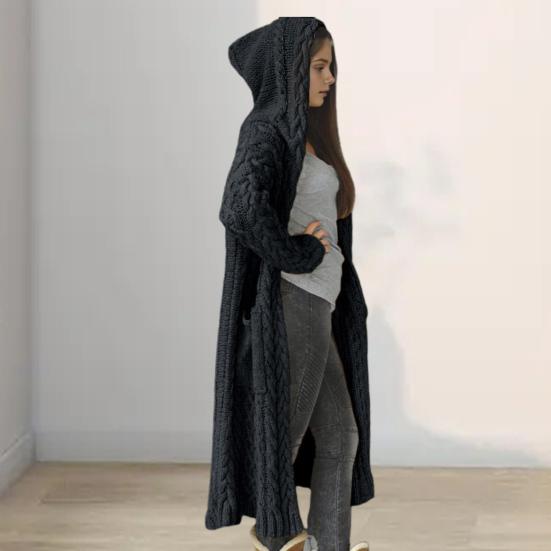 Женская кофта-свитер с карманами средней длины с капюшоном трикотажная скрученная текстура однотонная