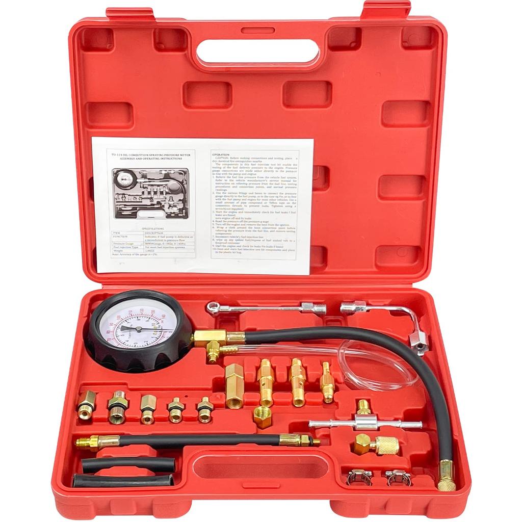Socpuro Fuel Pressure Gauge Set: Gasoline Fuel Pressure Gauge 0-140psi for Gasoline Vehicles, Includes Various Hoses and Adapters, Fuel Pressure Measu