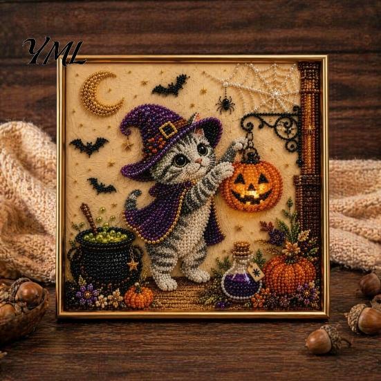 DIY Decorative Wall Hanging Halloween Cat Faux Pearl Painting Art Kit, Spooky 3D Beads Crafting Kits for Beginners Crafts, Cute Witch Gem Adults,
