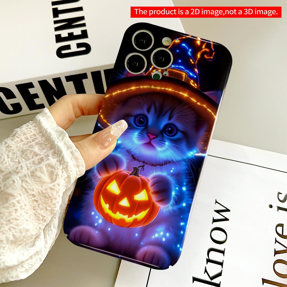 2DFlat Halloween Witch Kitten with Glowing Pumpkin All inclusive film hard phone case, compatible with iPhone 18 Pro Max 17 16 15 14 13 12 11