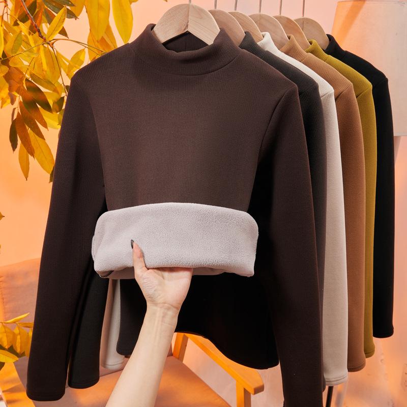 Осень Зима Высокий воротник Однотонный Пуловер Топ Женский Длинный рукав Повседневная Мода бархатный теплый Футболка