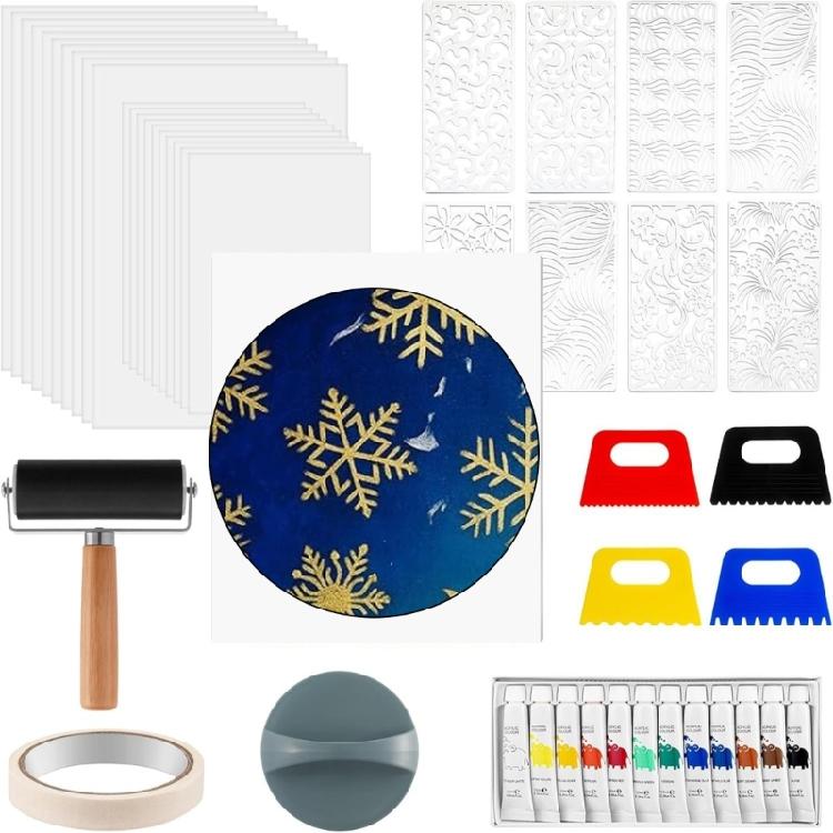 Набор пластин для гелевой печати с резиновым валиком, трафаретами и акриловыми красками для гравюры и штамповки на ткани, бумаге и дереве