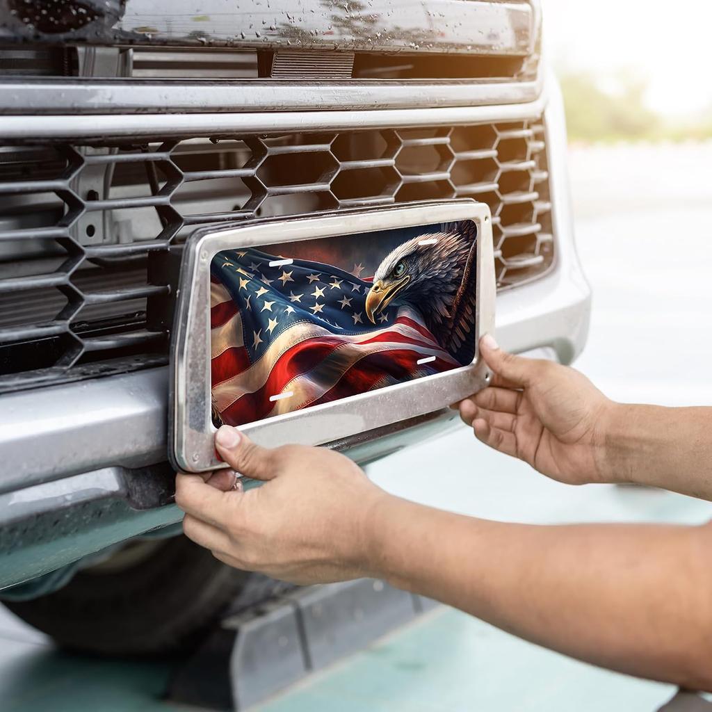 Front License Plate 6x12 Inches American Flag Eagle Patriotic Flag | Aluminum Metal Decorative Vanity Tag, 6x12 Inches 4 Holes Car Decor Accessory