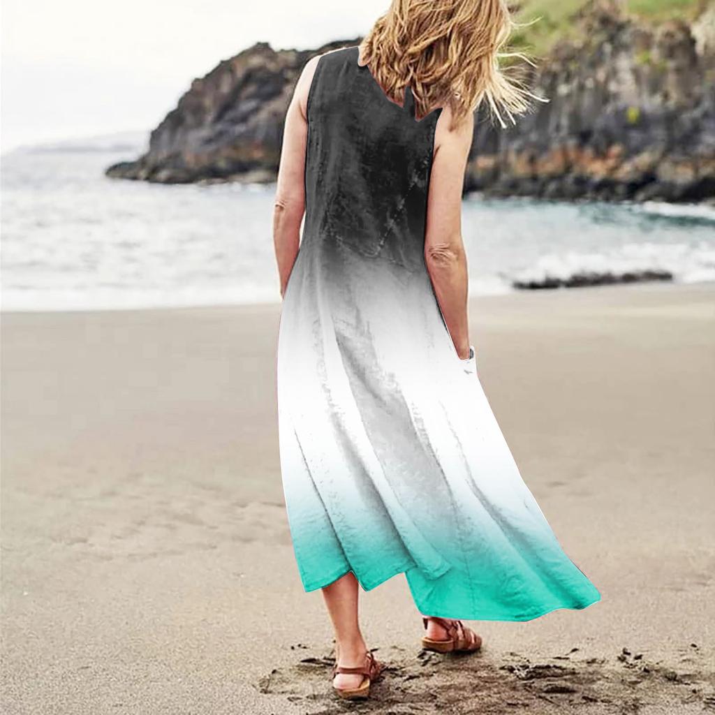 Женское повседневное удобное хлопковое карманное платье без рукавов с градиентным принтом