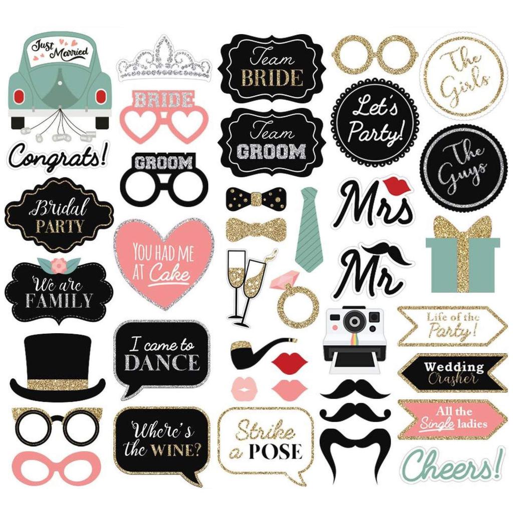 Team Bride Wedding Photo Booth Props - 40-Piece Set