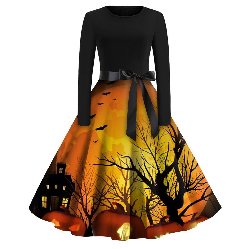 Women's Fashion Round Neck Casual Slim Fit Halloween Printed Long Sleeve Dress