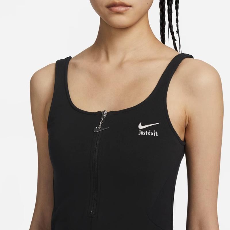 Nike Sportswear Solid Color Embroidered Rose Pattern U-Neck Midi Dress Women Dresses Black FQ0698-010