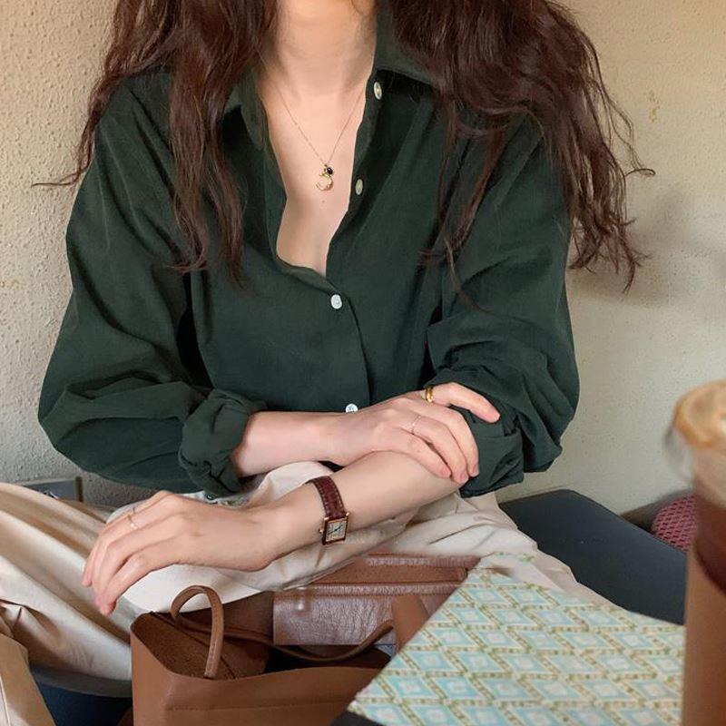 Ретро стиль Гонконга Однотонная рубашка с длинным рукавом, воротником поло, многослойная верхняя одежда для женщин