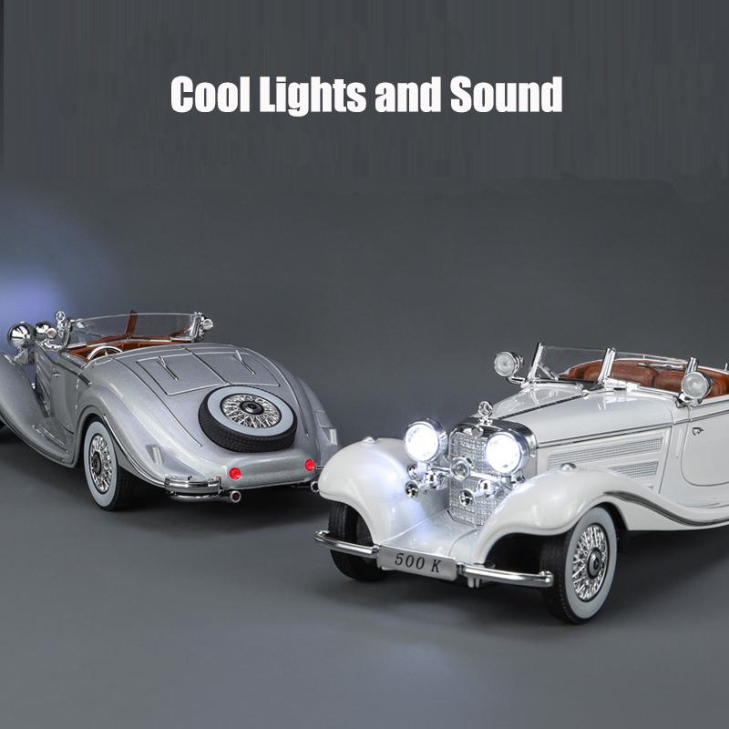 1/24 Benz 500K Классическая старинная игрушечная машинка для детей Литая модель из сплава Миниатюрная модель Звуковая коллекция со светом Подарок на день рождения для ребенка