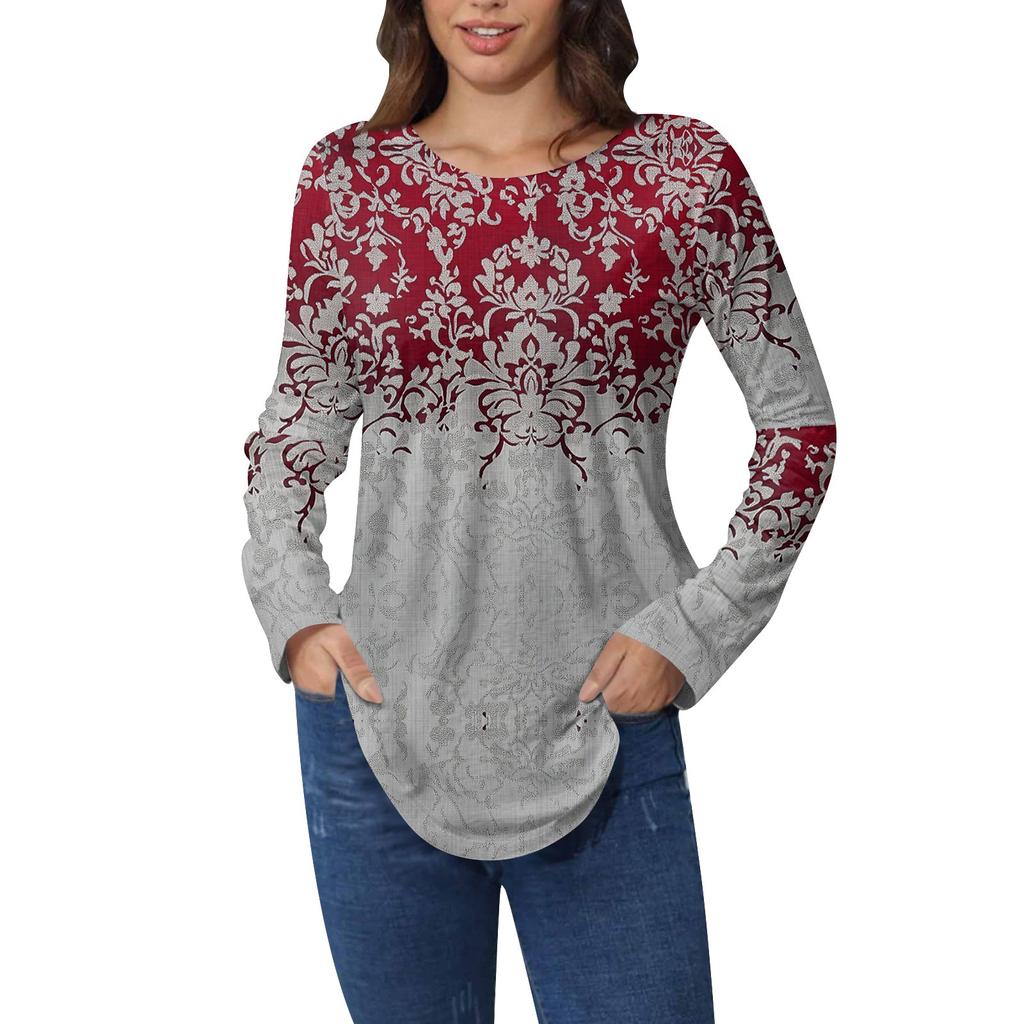 Рубашки для женщин Милые винтажные узоры с принтом Футболка с длинным рукавом Туника Топы Хлопковые пуловеры
