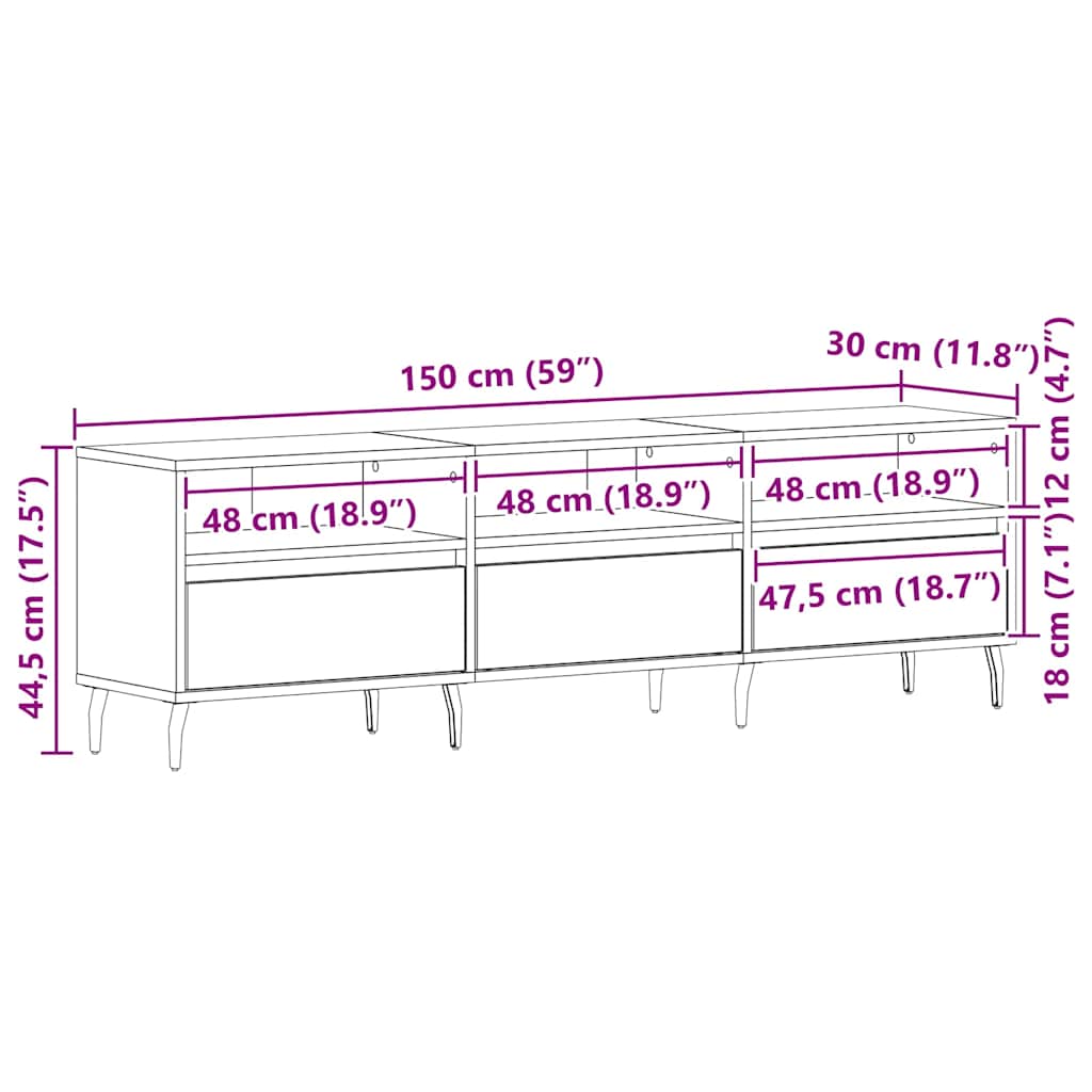 TV Stand in Black Oak Look 150 x 30 x 44.5 cm