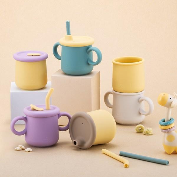 Lock&Lock Little Rub Silicone Straw Cup for Infants 200ml + 2 Types of Dedicated Straws, Lavender (cup/cross Straw), Yellow (broken Straw), 1 Set
