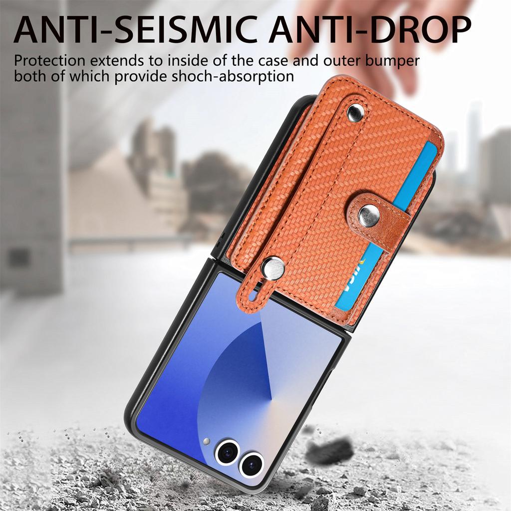 Чехол для Samsung Galaxy Z Flip7 5G Кожаный чехол на заднюю панель телефона с текстурой углеродного волокна с держателем для карт