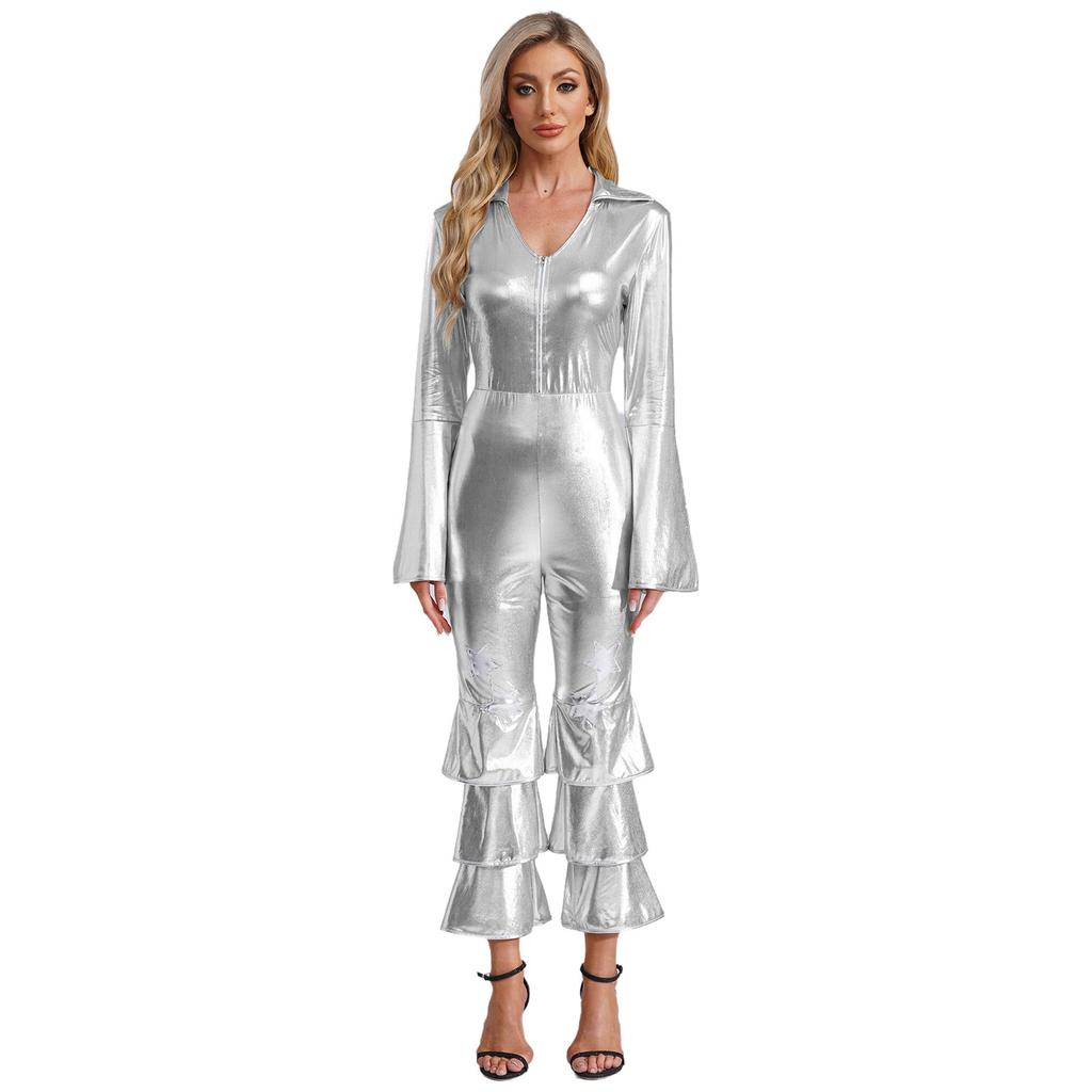 Womens 70s Retro Disco Long Sleeve Flared Jumpsuit Sparkle Costume