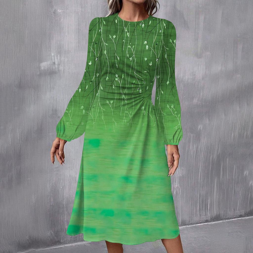 Женское модное повседневное платье миди с круглым вырезом и длинными рукавами