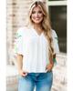 White Floral Embroidered Puff Sleeve Notched Neck Blouse