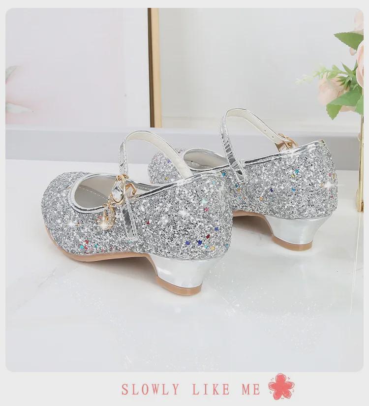 2025 Spring Girls' Rhinestone Sequin Princess Shoes - Solid Color Strap Buckle for Children's Performances