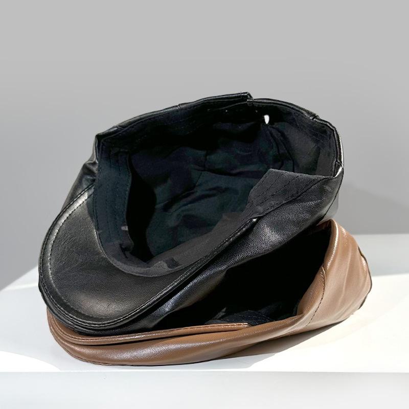 Hat Women's PU Leather Forward Hat Autumn and Winter British Retro American Newspaper Bee Hat Street Versatile Painter Duck Tongue Beret Hat