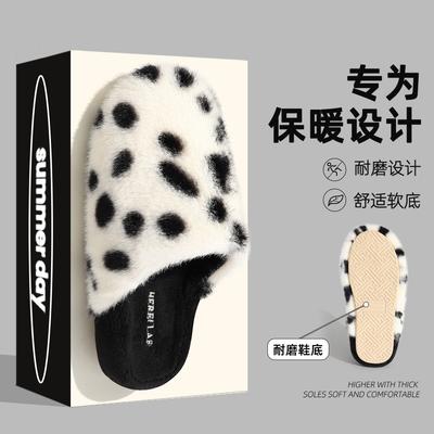 Большие черные в горошек хлопковые тапочки 2025 новые домашние комнатные толстая подошва нескользящие бархатные теплые хлопковые шлепанцы