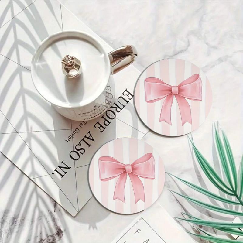 2 Or 6Pcs/Set Non-Slip Pink Bow Print Car Cup Holder Coasters Universal Fit Interior Accessories
