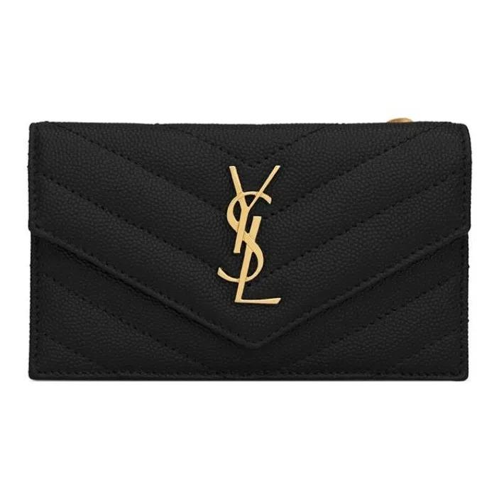 Saint Laurent YSL Золотой Логотип Тиснение под кожу Стеганый На молнии Коровья кожа Кошелек для мелочи Держатель для карт Женский Черный