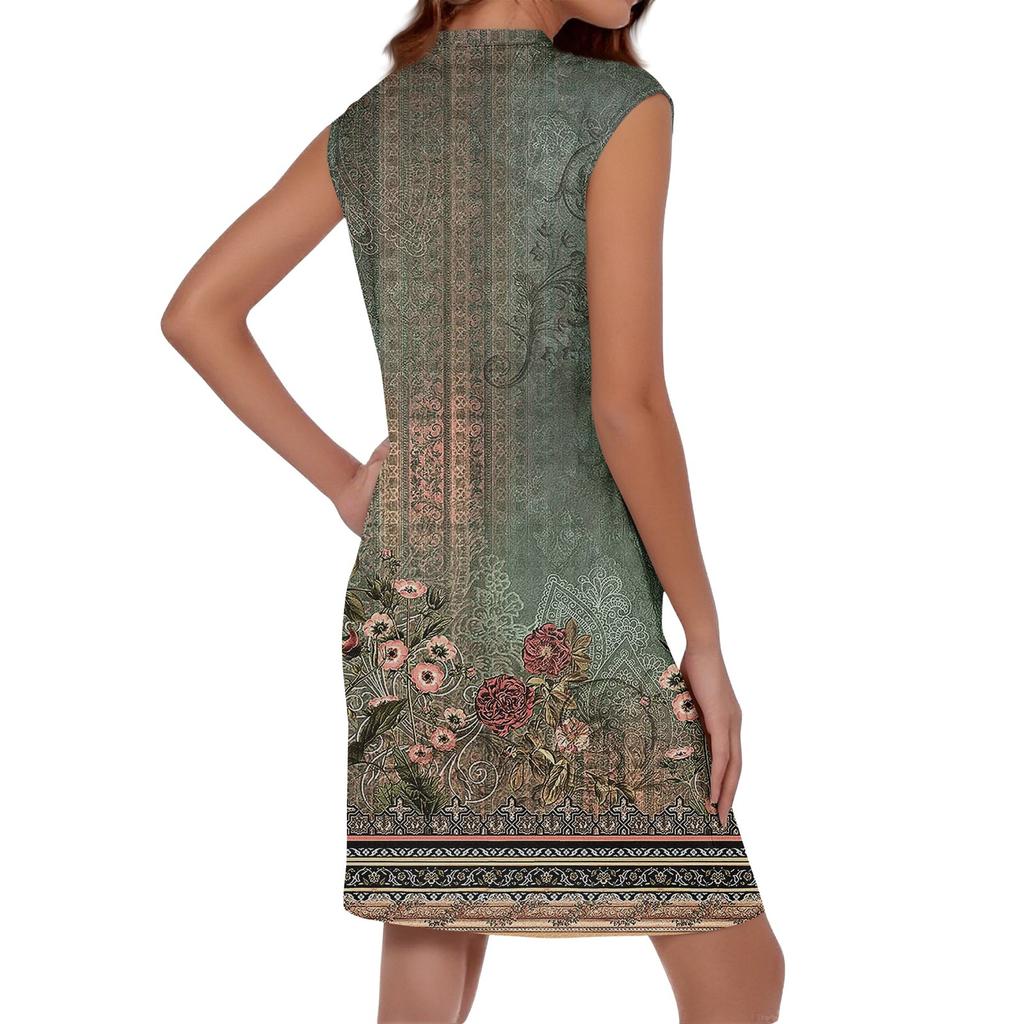 Женское повседневное и модное платье средней длины с круглым вырезом и без рукавов с принтом