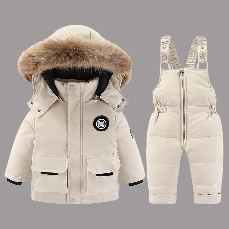 Детский комплект из 2 предметов: Зимняя пуховая куртка и комбинезон для малыша, Утепленная куртка для девочек, Пальто с теплым воротником из натурального меха, Мальчиковый сноусьют