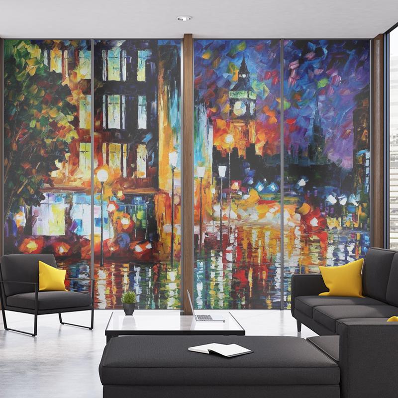 Европейский стиль Ретро конфиденциальность оконная пленка пейзаж масляная живопись красочные витражные наклейки статическая липкая стеклянная пленка