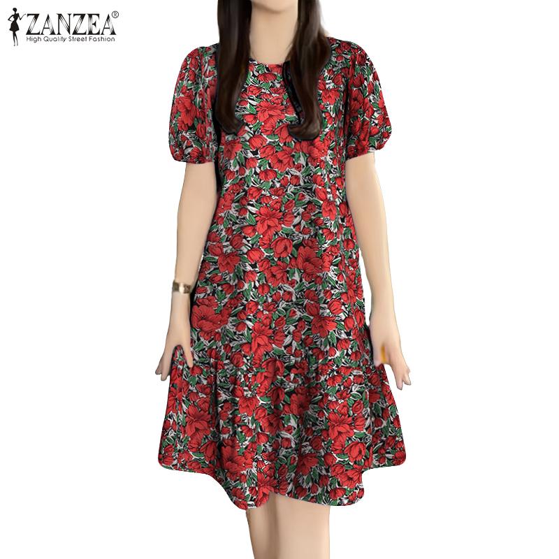 ZANZEA Women Casual Round Neck Short Sleeve Summer Floral Dress